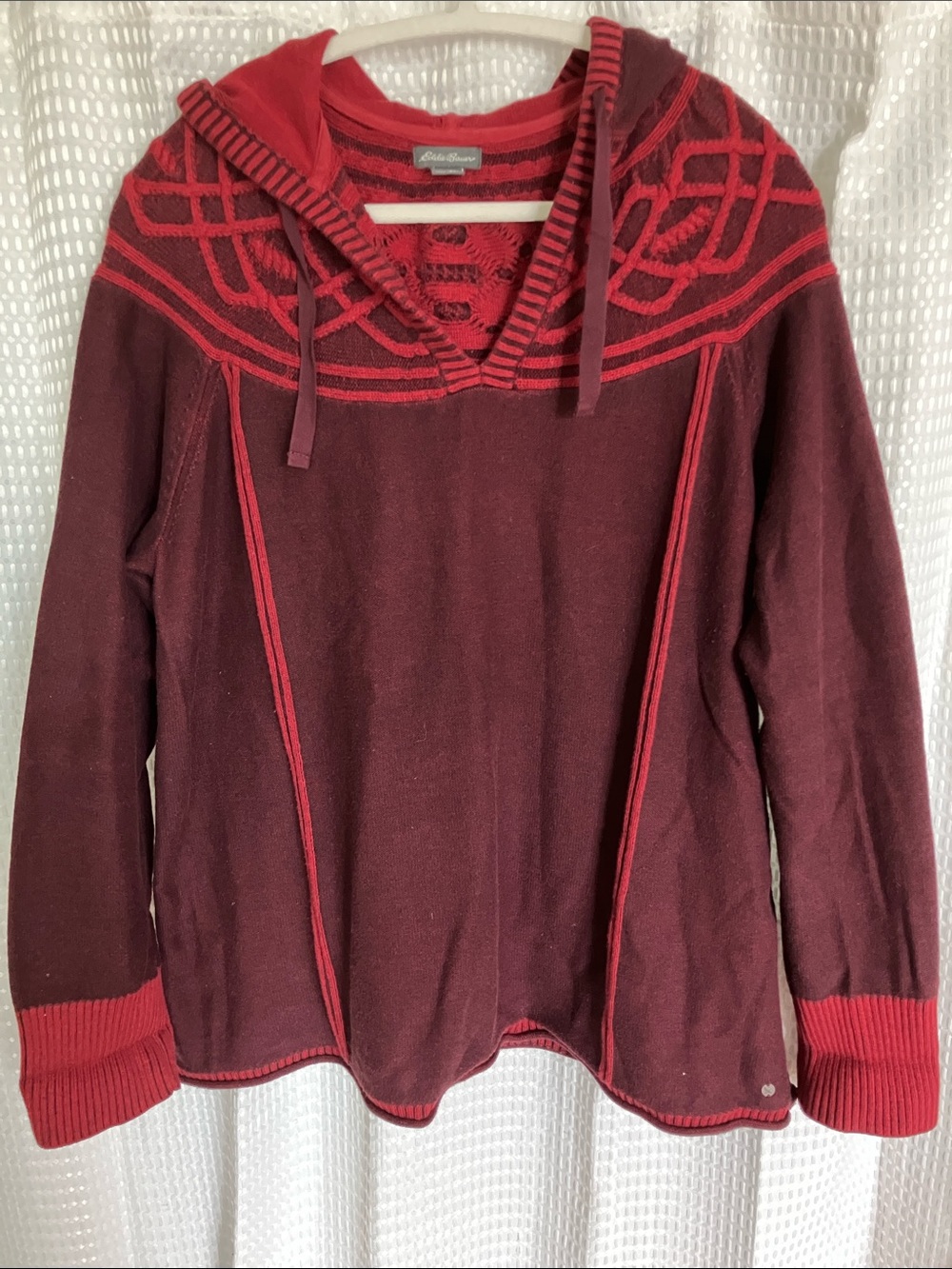 Eddie Bauer Womens 2XL Hooded Knit Pullover Sweater Burgundy Geometric Nordic